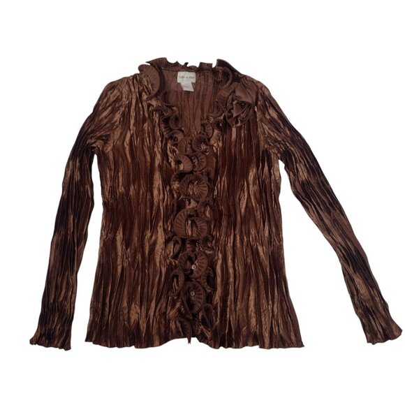 Toffee Apple Brown Satin Crinkle Ruffle Shirt XL Fairy Office Whimsigoth Regal - Picture 1 of 7